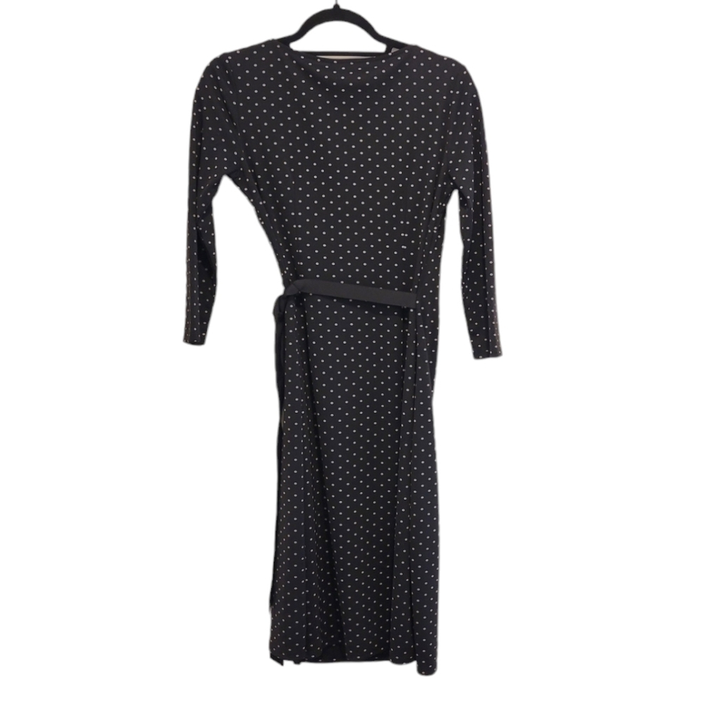 Ann Taylor Loft Black Tan Polka Dot A-Line Fit & Flare Midi Wrap Long Dress 4 - Picture 2 of 8